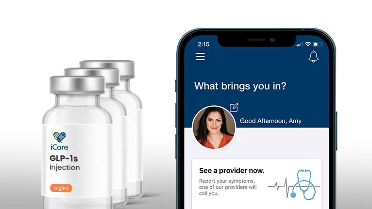 GLP-1s vial with phone showing iCare+ app-resize