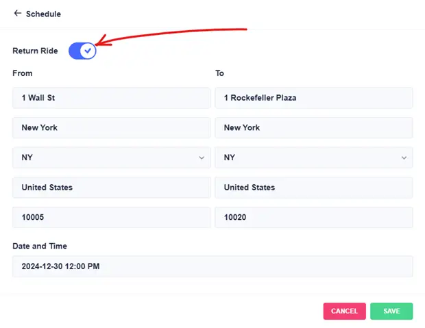 screen shot of two-way ride options in iCare+ app