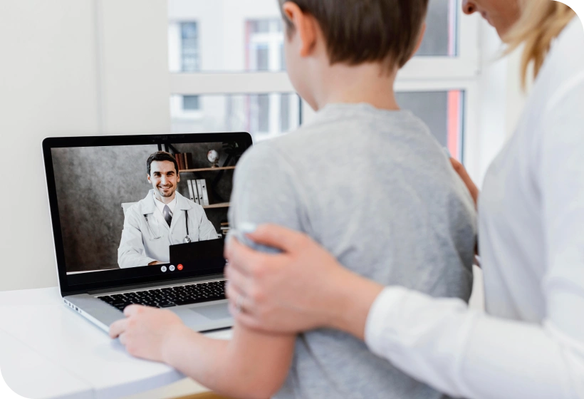 family using virtual health platform family using telemedicine when son is ill